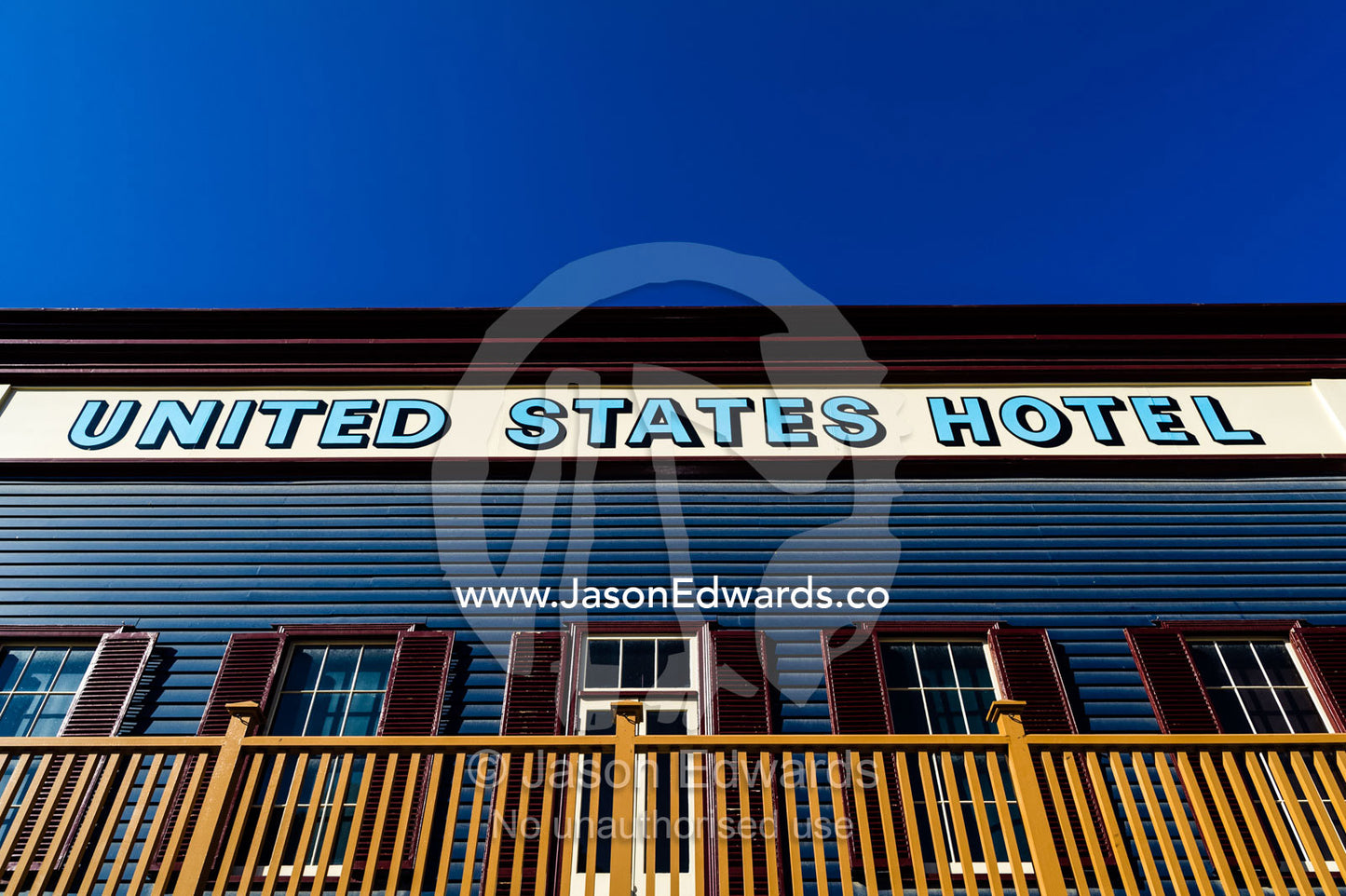 A replica 19th century hotel facade and balcony in a museum. Sovereign Hill, Ballarat, Victoria, Australia.