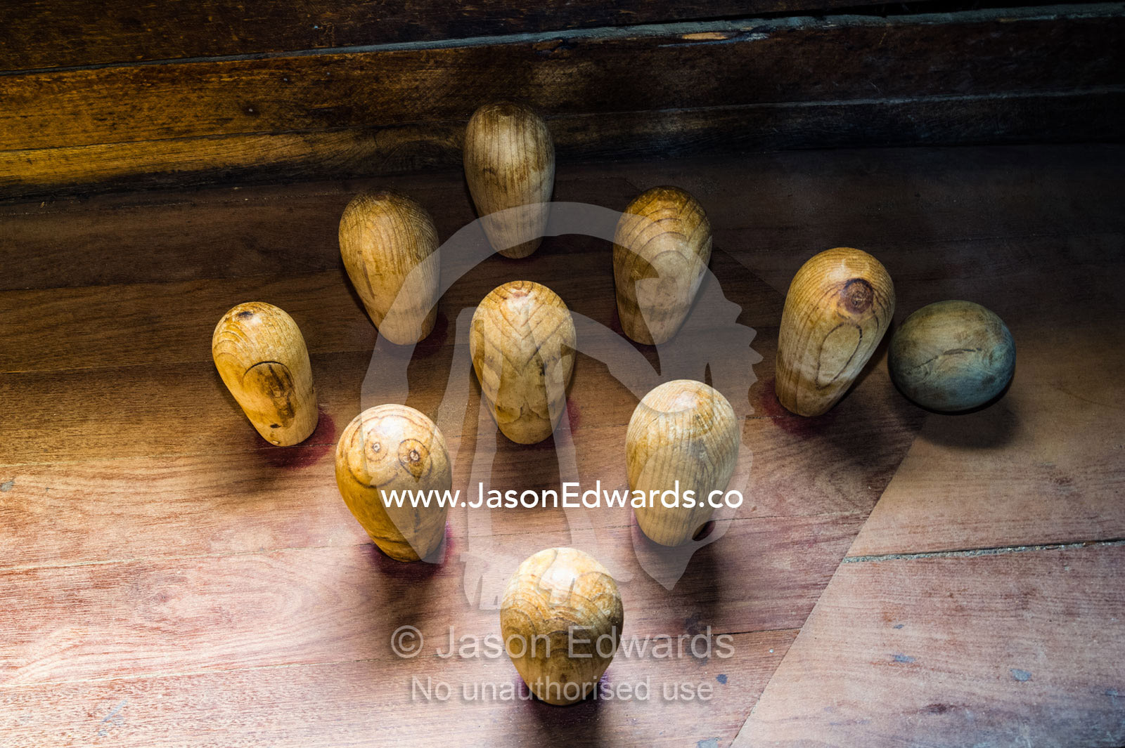 Wooden bowling pins in an alley at the Empire Bowling Saloon. Sovereign Hill, Ballarat, Victoria, Australia.