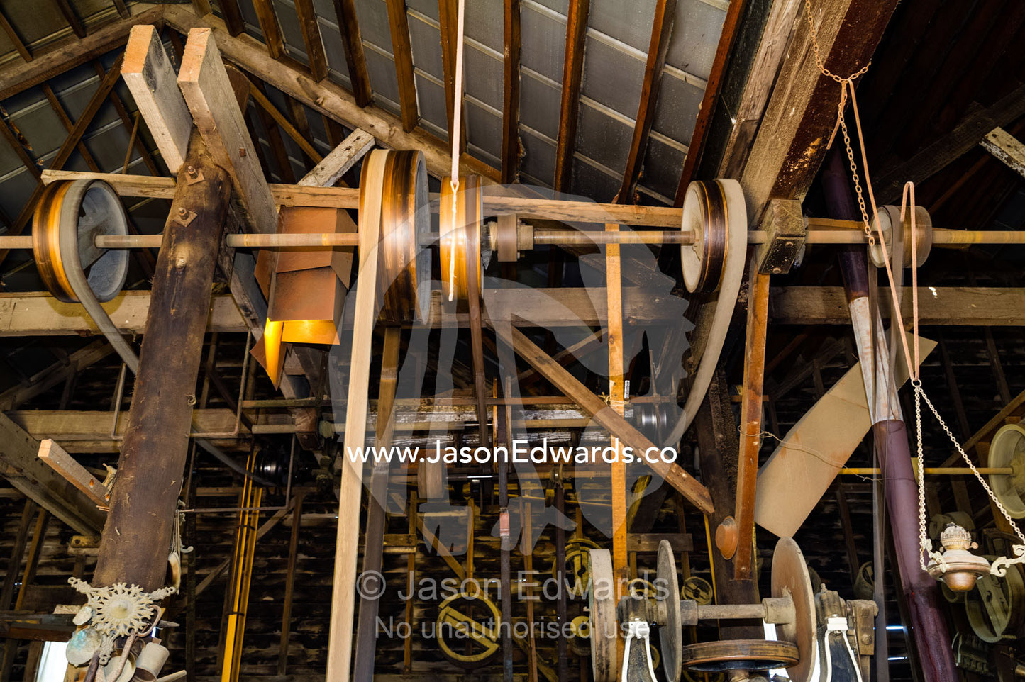 A complex system of steam operated pulleys, conveyers and belts in gold mining town museum. Sovereign Hill, Ballarat, Victoria, Australia.