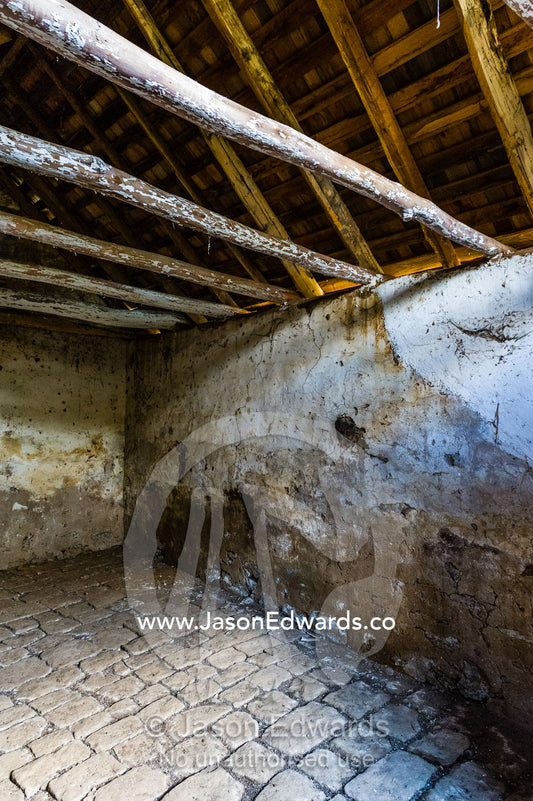 The ceiling rafters of a 19th century grain storage shed built from locally quarried stones and timber. Faithfuls Creek Grain Storage, Euroa, Balmattum, Strathbogie, Victoria, Australia.