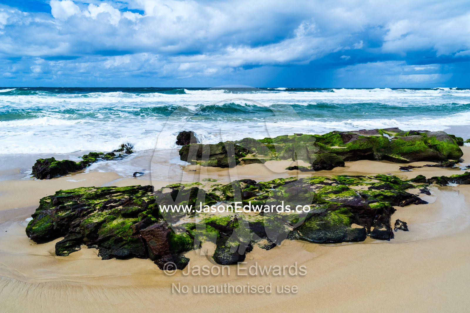 Seaweed covered rocks exposed on the beach at low tide. Point Arkwright, Yaroomba Beach, Queensland, Australia.