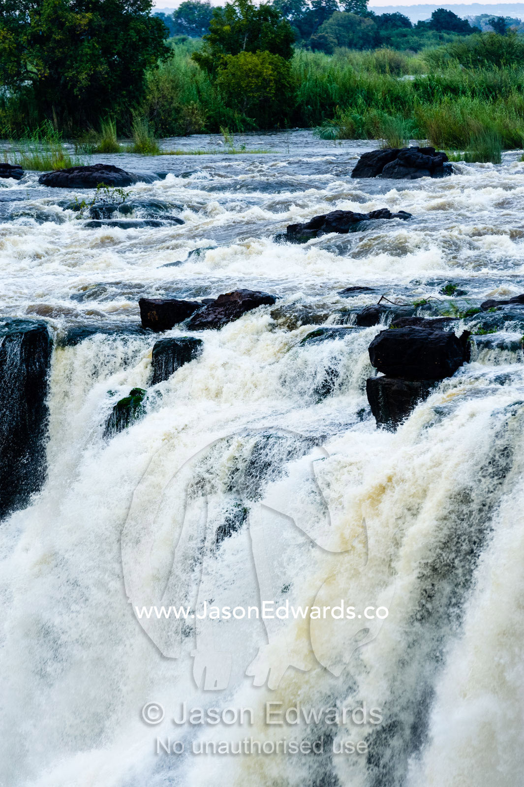 A flooded river cascades in a torrent over rocks on a waterfall lip. Zambezi River, Victoria Falls, Mosi-oa-Tunya National Park, Zambia.