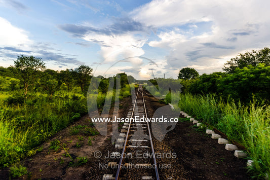 Railway tracks crossing a lush savannah plain into the horizon. Livingstone, Zambia.