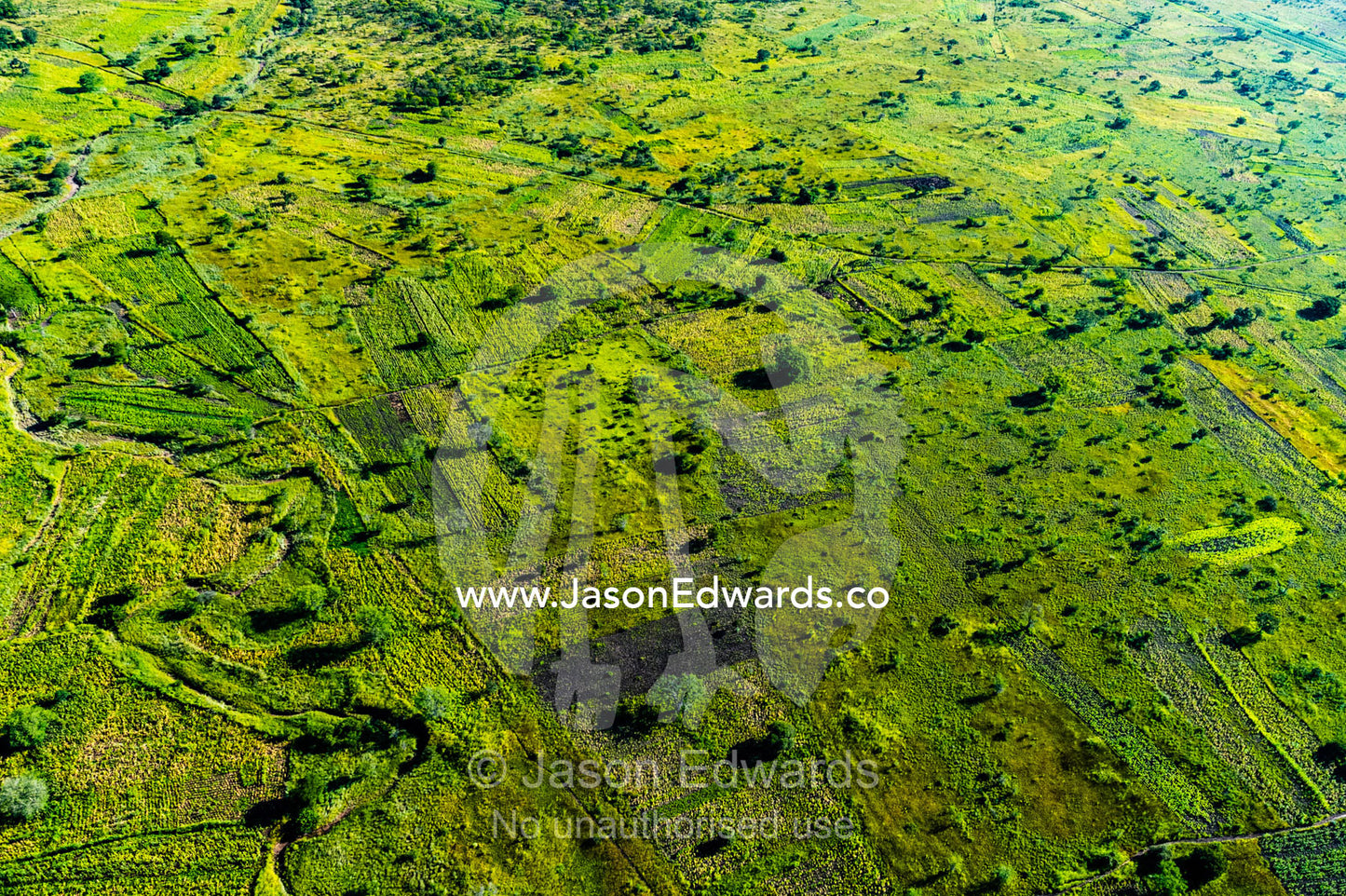 Small subsistence farms dot a lush green plain near the Zambezi River. near Victoria Falls, Zimbabwe