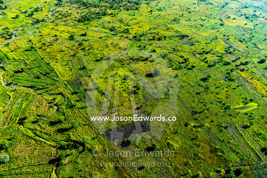 Small subsistence farms dot a lush green plain near the Zambezi River. near Victoria Falls, Zimbabwe