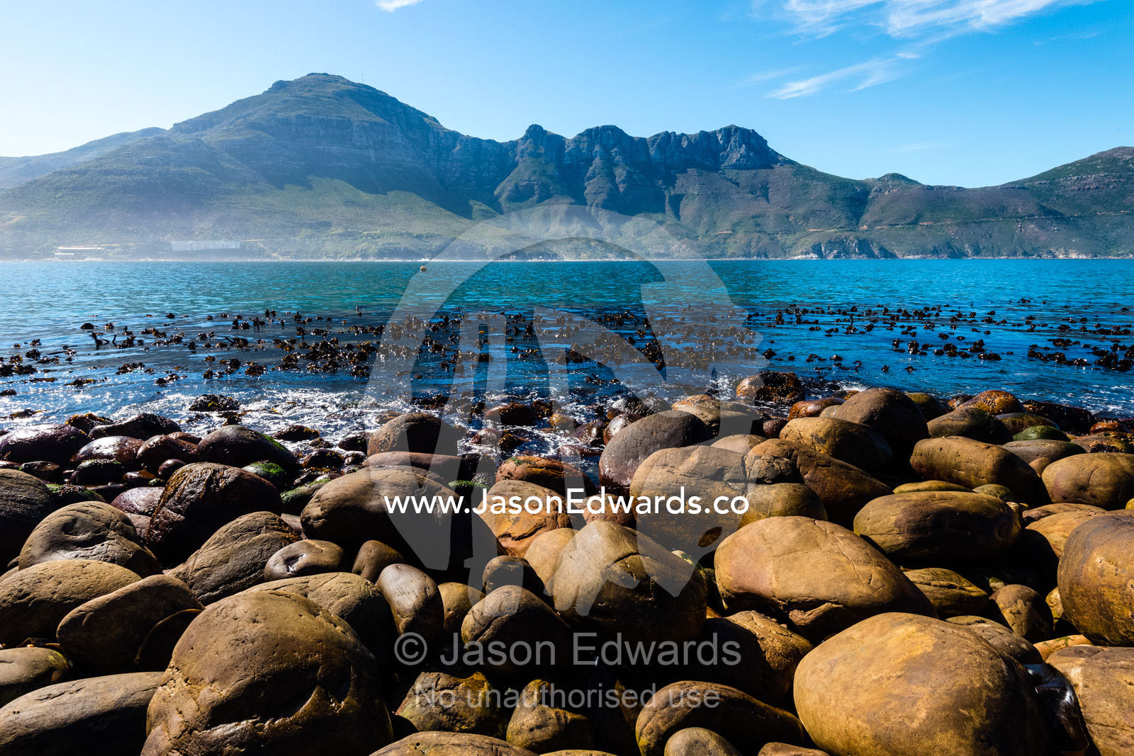 A kelp forest and boulders line the shore of Hout Bay. Hout Bay, Cape Town, Chapmans Peak Drive, Western Cape, Cape Peninsula, South Africa.