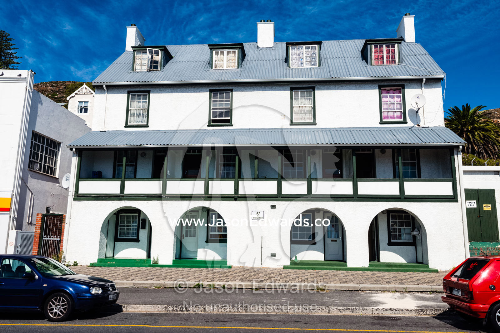The facade of a colonial building in a coastal town. Simon's Town Naval Base, Cape Town, False Bay, Cape Peninsula, Chapmans Peak Drive, Western Cape, South Africa.