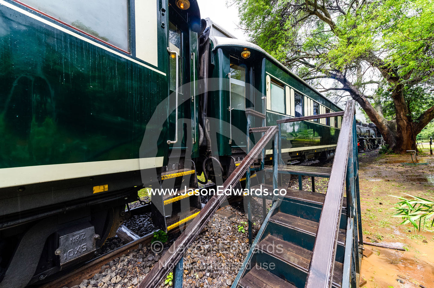 Stairs to enable guests to board an antique steam train carriage. Livingstone, Zambia.