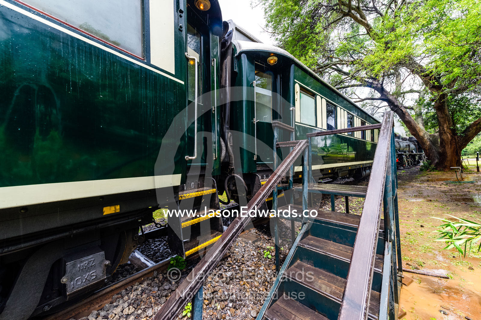 Stairs to enable guests to board an antique steam train carriage. Livingstone, Zambia.