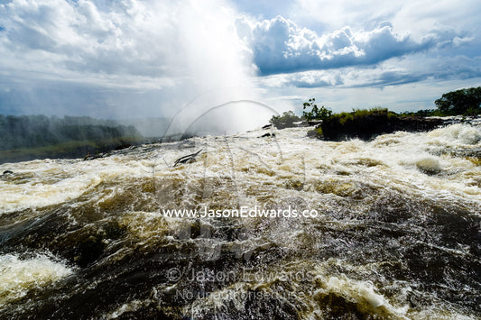 The rapids of the Zambezi River tumble over Victoria Falls sending up a plume of mist. Zambezi River, Victoria Falls, Mosi-oa-Tunya National Park, Zambia.
