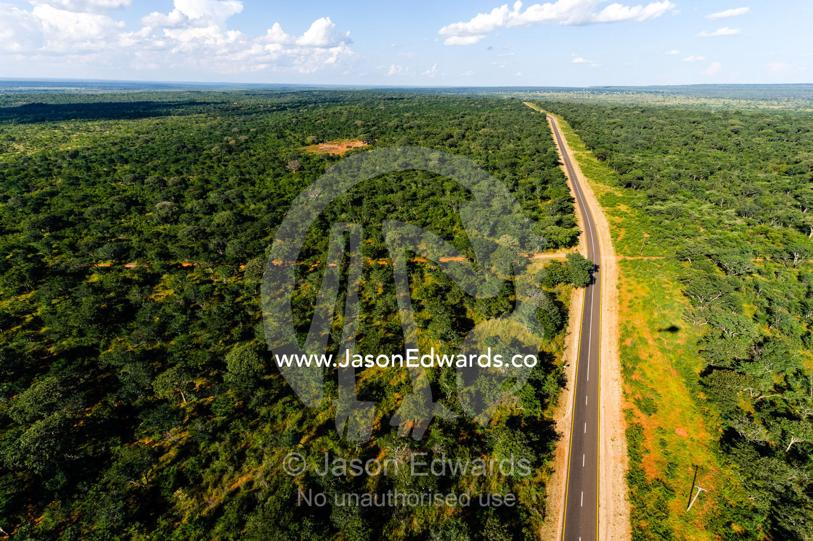 A long road passes along the border of a national park. Mosi-oa-Tunya National Park, Victoria Falls National Park, Zambia.