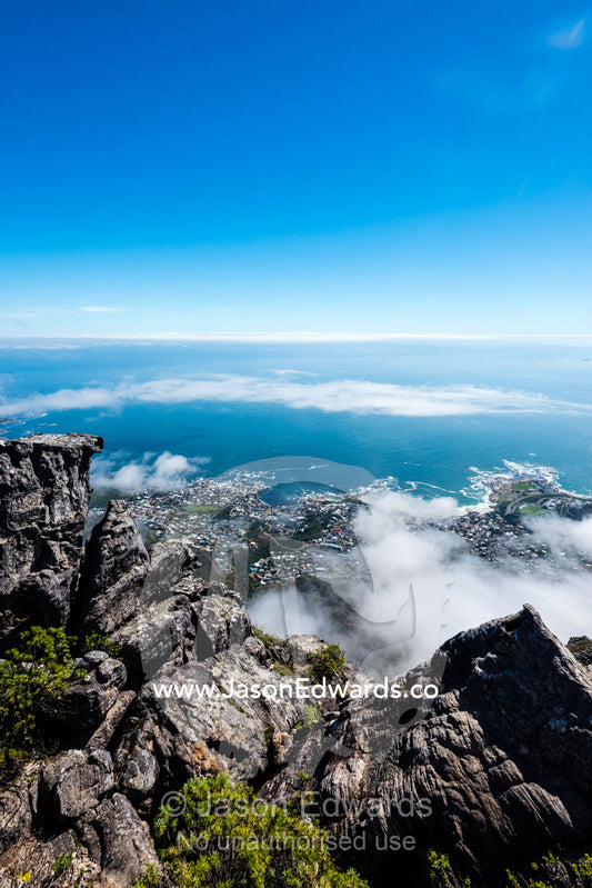 A boulder field on the summit of Table Mountain overlooking Table Bay. Table Mountain, Cape Town, Western Cape, South Africa.