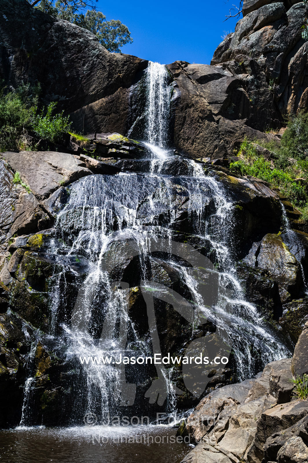 A stream cascades in a waterfall over boulders into a forest pool. Faithfuls Creek Waterfall, Euroa, Strathbogie, Victoria, Australia.