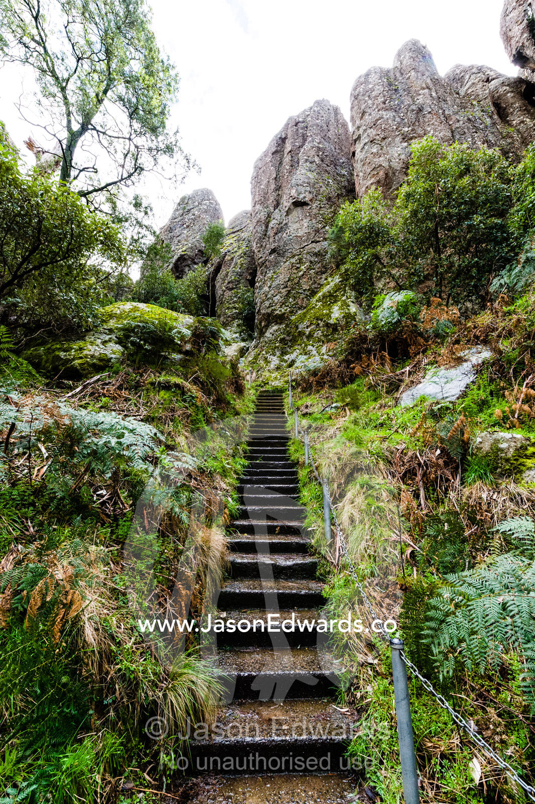 Hiking trail stairs follow a path up to a mountain towards rock pillars made of solvsbergite. Hanging Rock Recreation Reserve, Woodend, Victoria, Australia.