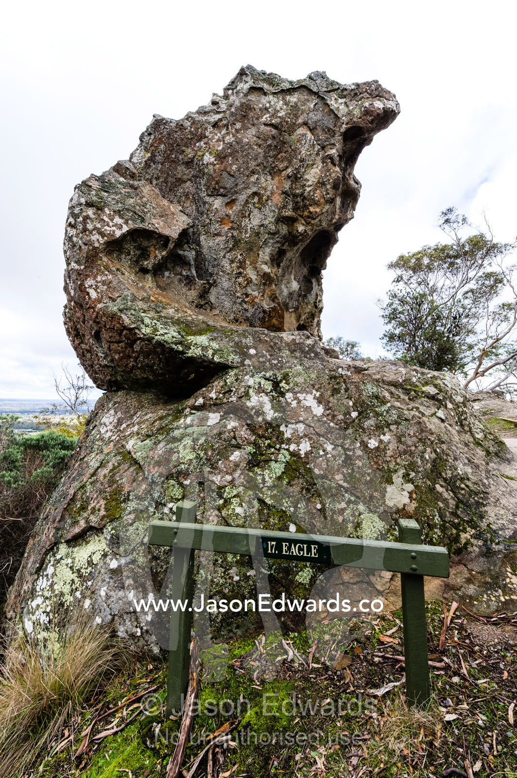 A rock pillar made of solvsbergite in the shape of an eagle's head. Hanging Rock Recreation Reserve, Woodend, Victoria, Australia.