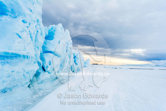 Fractured ice blocks pushed skywards along pressure ridges in the sea ice. Turtle Rock, Erebus Bay, McMurdo Sound, Ross Island, Antarctica