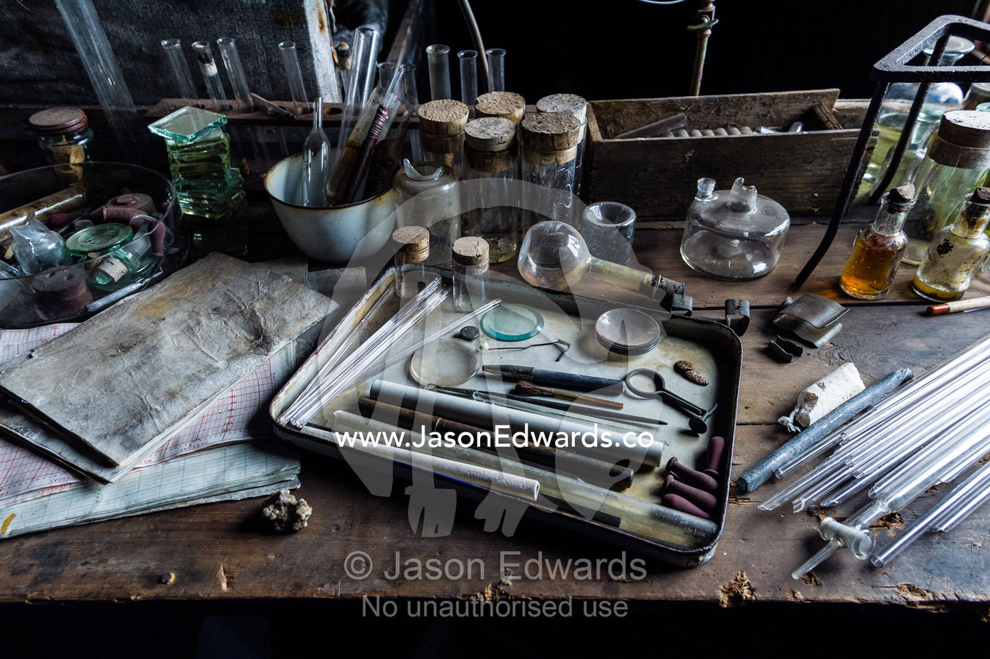 Glass pipettes, beakers and other scientific experiment equipment in the hut of Antarctic explorer Robert Falcon Scott. Scott's Hut, Cape Evans, Ross Island, Antarctica