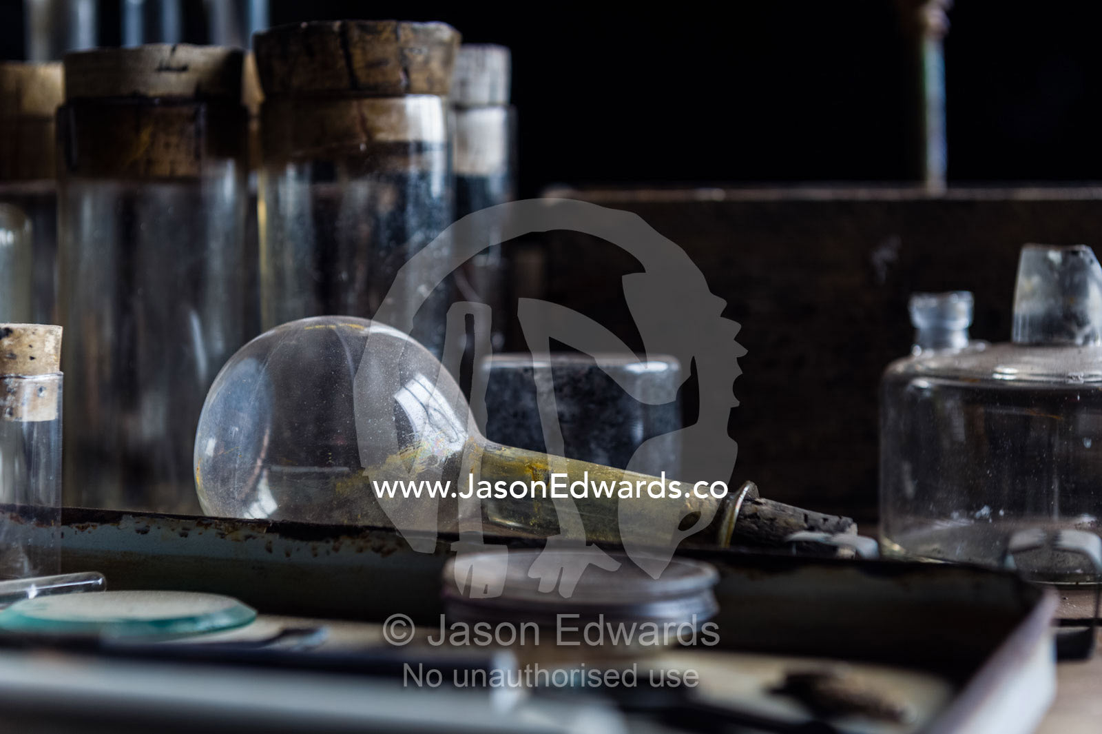 Glass pipettes, beakers and other scientific experiment equipment in the hut of Antarctic explorer Robert Falcon Scott. Scott's Hut, Cape Evans, Ross Island, Antarctica