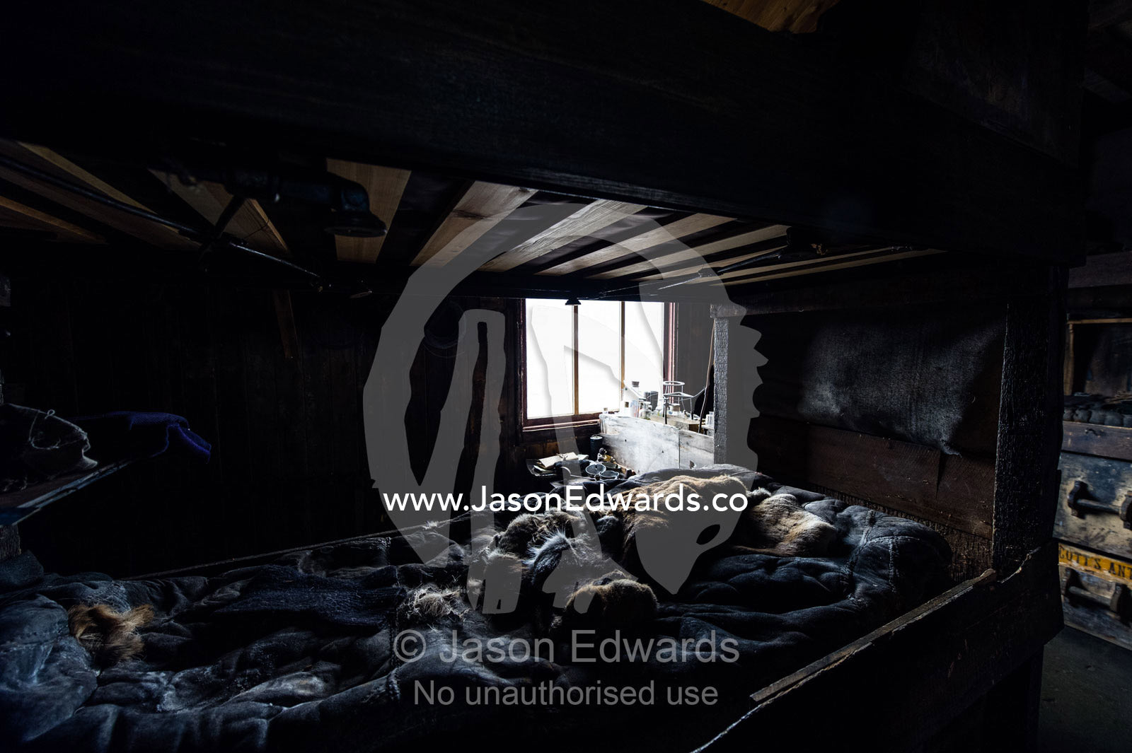 The private sleeping quarters and fur bed covers in the hut of Antarctic explorer Robert Falcon Scott. Scott's Hut, Cape Evans, Ross Island, Antarctica