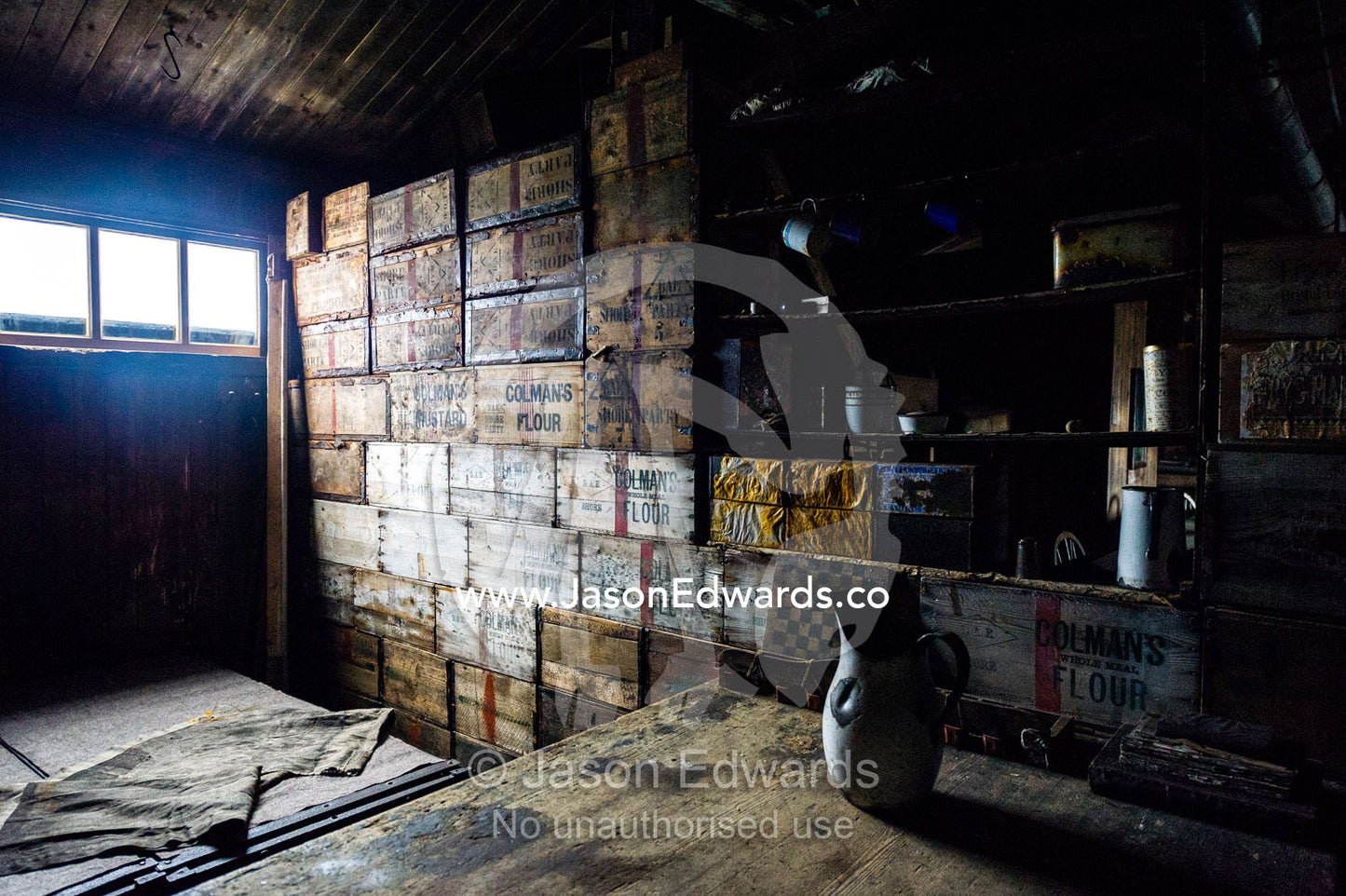 Timber food boxes used to build a makeshift wall in the hut of Antarctic explorer Robert Falcon Scott. Scott's Hut, Cape Evans, Ross Island, Antarctica.