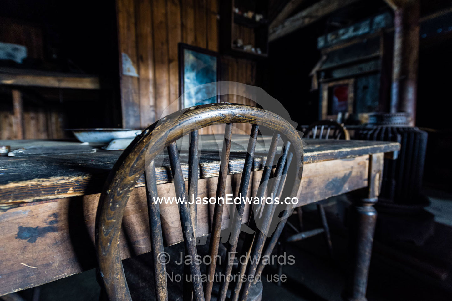 A dining chair in the hut of Antarctic explorer Robert Falcon Scott. Scott's Hut, Cape Evans, Ross Island, Antarctica.