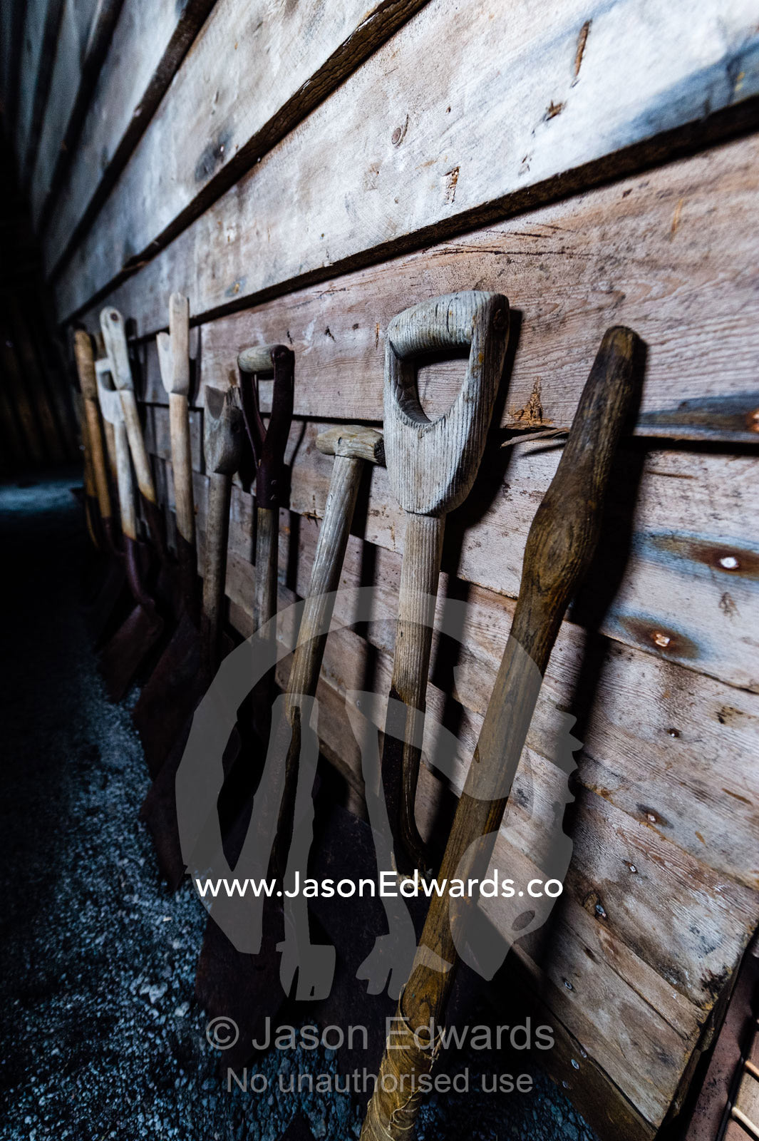 Snow shovel handles lined-up in the hut of Antarctic explorer Robert Falcon Scott. Scott's Hut, Cape Evans, Ross Island, Antarctica.