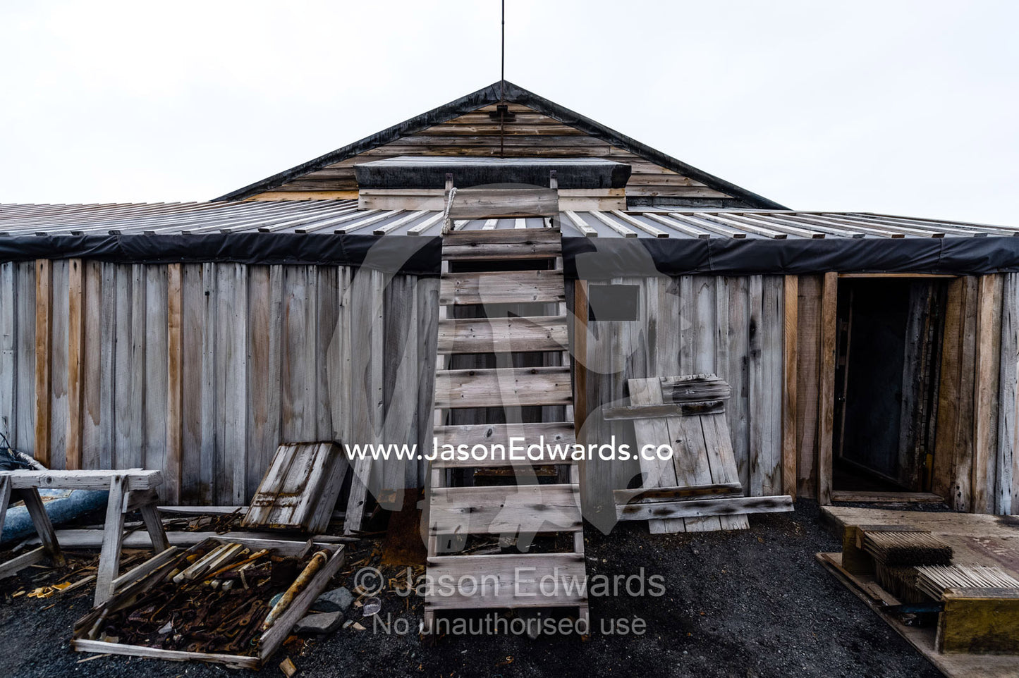 The weathered walls and ladder on the Antarctic explorer Robert Falcon Scott's hut. Scott's Hut, Cape Evans, Ross Island, Antarctica.