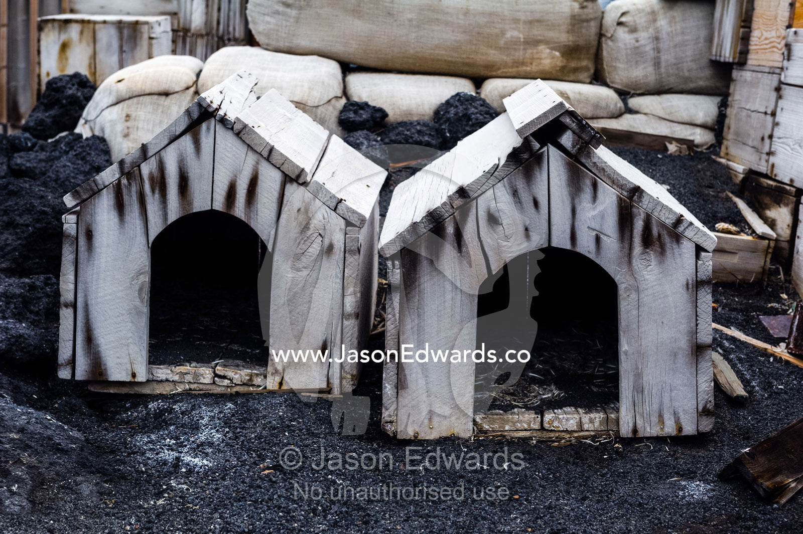 Dog kennels outside the hut of Antarctic explorer Ernest Shackleton. Shackleton's Hut, Cape Royds, Ross Island, Antarctica.