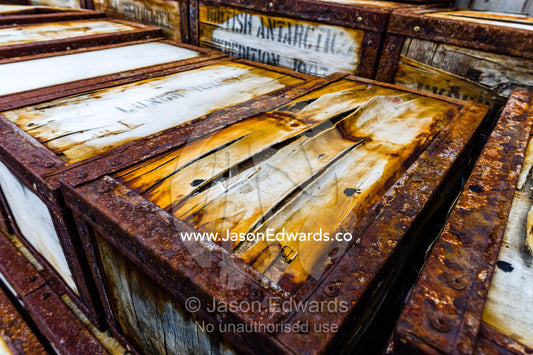 Food supplies and storage boxes outside the hut of Antarctic explorer Ernest Shackleton. Shackleton's Hut, Cape Royds, Ross Island, Antarctica.