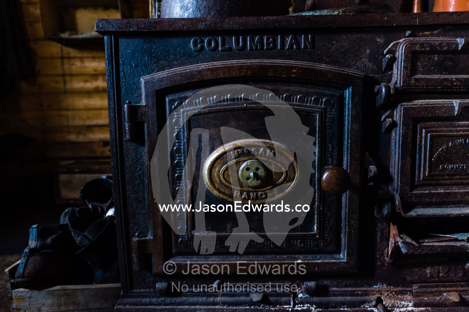 The inside of Antarctic explorer Ernest Shackleton's hut with its large cast-iron stove. Shackleton's Hut, Cape Royds, Ross Island, Antarctica.
