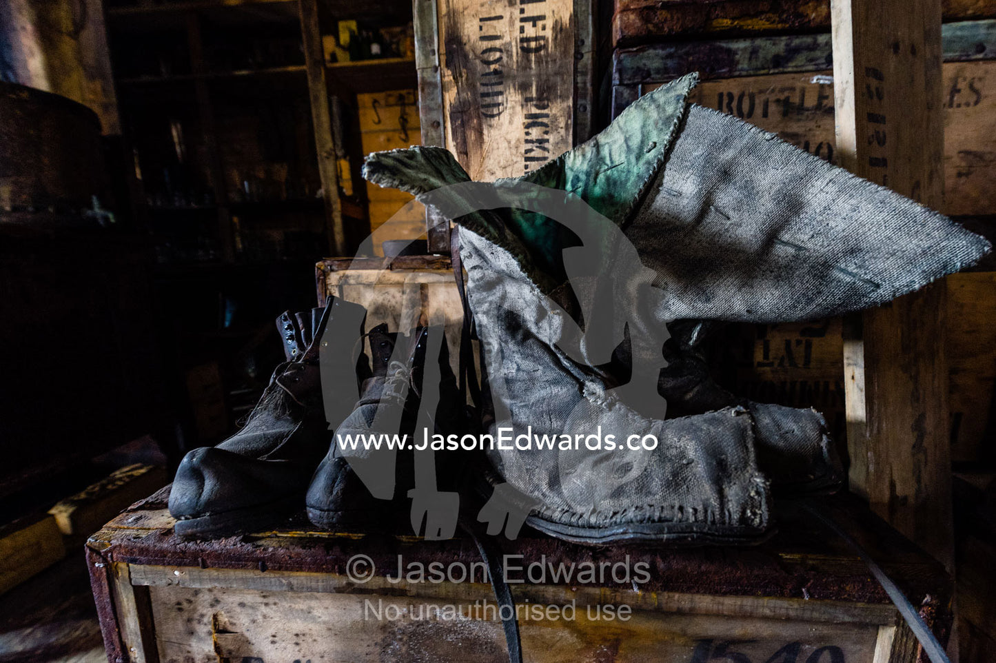 Unlaced leather boots in Antarctic explorer Ernest Shackelton's hut. Shackleton's Hut, Cape Royds, Ross Island, Antarctica.