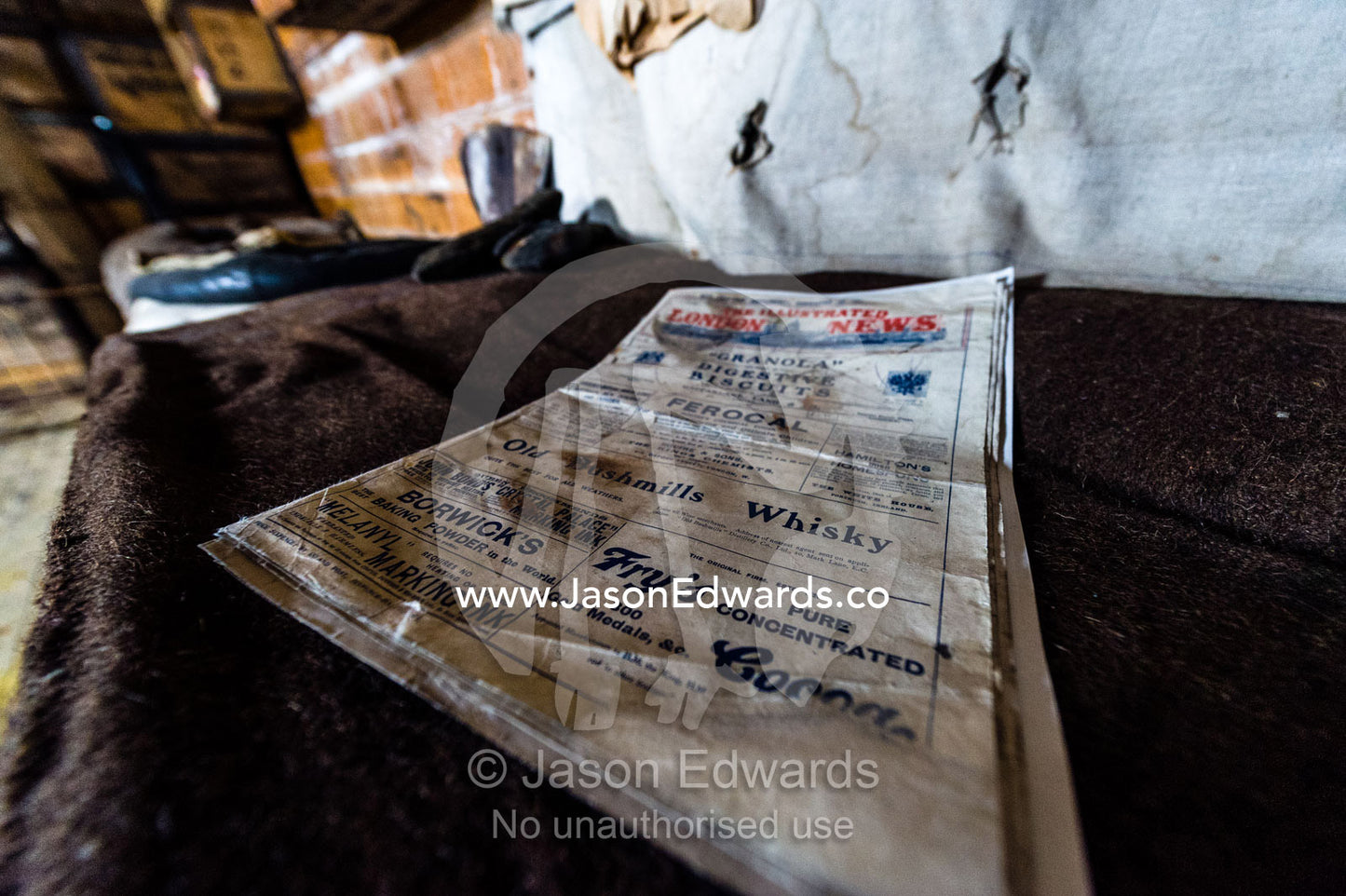 A copy of the Illustrated London News in Antarctic explorer Ernest Shackelton's hut. Shackleton's Hut, Cape Royds, Ross Island, Antarctica.