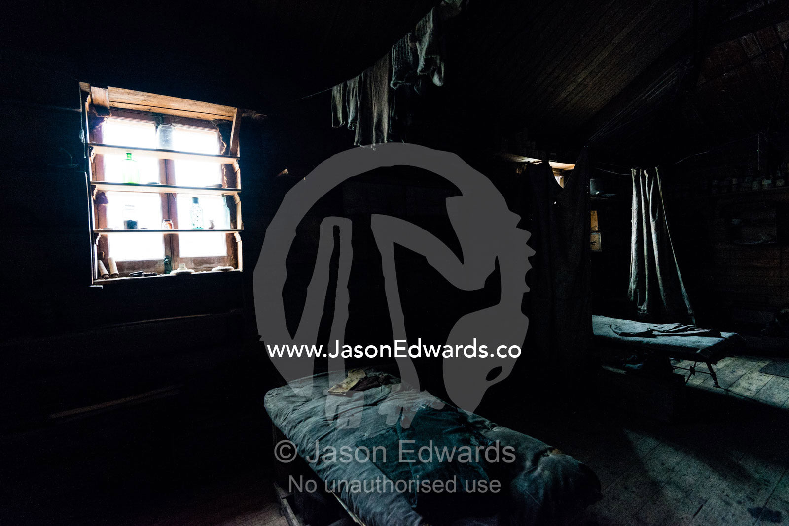 Woolen socks hanging from a clothes line in Antarctic explorer Ernest Shackleton's hut. Shackleton's Hut, Cape Royds, Ross Island, Antarctica.