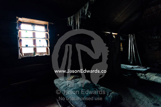 Woolen socks hanging from a clothes line in Antarctic explorer Ernest Shackleton's hut. Shackleton's Hut, Cape Royds, Ross Island, Antarctica.