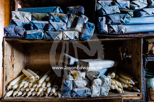 A stack of spare candles in Antarctic explorer Ernest Shackleton's hut. Shackleton's Hut, Cape Royds, Ross Island, Antarctica.