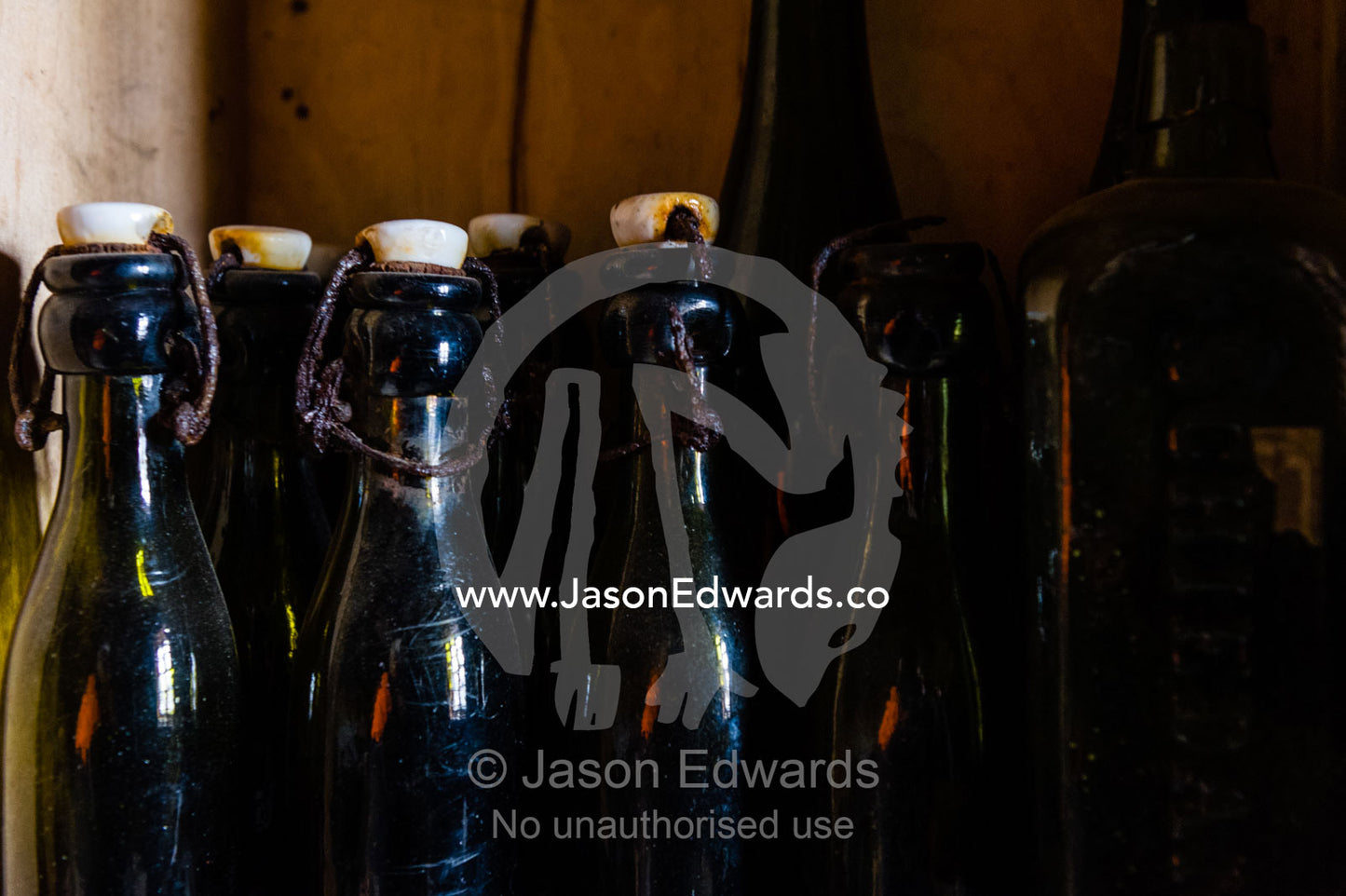 Bottles of vinegar in Antarctic explorer Ernest Shackleton's hut. Shackleton's Hut, Cape Royds, Ross Island, Antarctica.