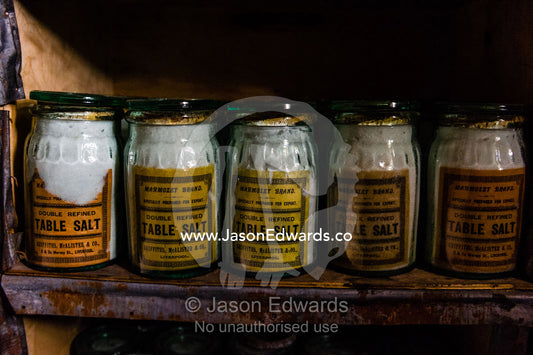 Jars of table salt in Antarctic explorer Ernest Shackleton's hut. Shackleton's Hut, Cape Royds, Ross Island, Antarctica.