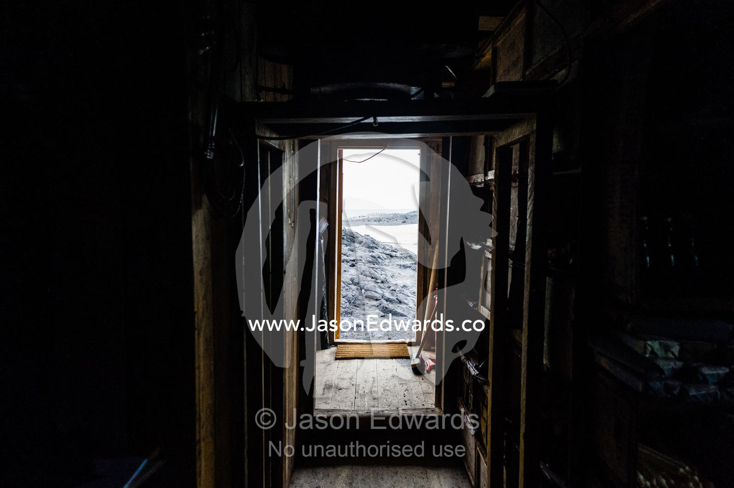 The doorway and corridor leading into the Antarctic explorer Ernest Shackleton's hut. Shackleton's Hut, Cape Royds, Ross Island, Antarctica.