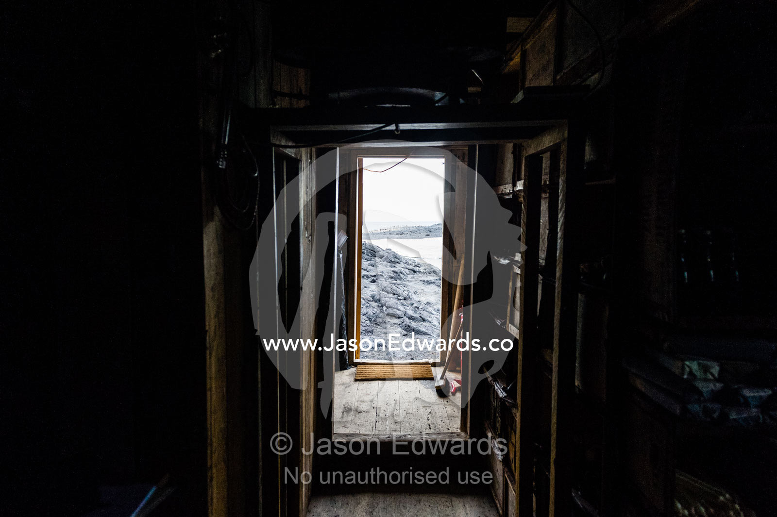The doorway and corridor leading into the Antarctic explorer Ernest Shackleton's hut. Shackleton's Hut, Cape Royds, Ross Island, Antarctica.