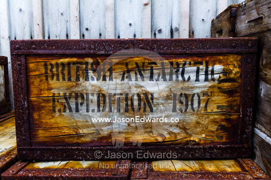 Food supplies and storage boxes outside Antarctic explorer Ernest Shackleton's hut. Shackleton's Hut, Cape Royds, Ross Island, Antarctica.