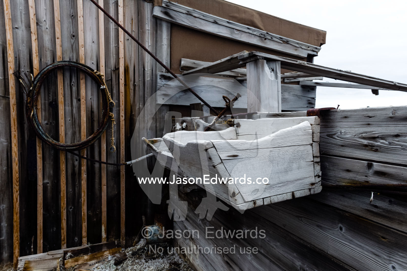 A horse trough beside on the Antarctic explorer Ernest Shackelton's hut. Shackleton's Hut, Cape Royds, Ross Island, Antarctica.