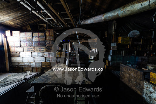 Timber food boxes used to build a makeshift wall in the hut of Antarctic explorer Robert Falcon Scott. Scott's Hut, Cape Evans, Ross Island, Antarctica.