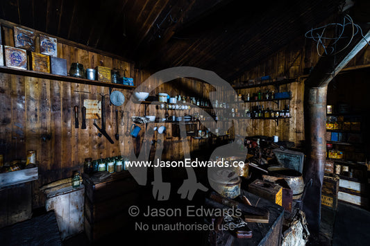 Plates, cups and kitchen utensils in the hut of Antarctic explorer Robert Falcon Scott. Scott's Hut, Cape Evans, Ross Island, Antarctica.
