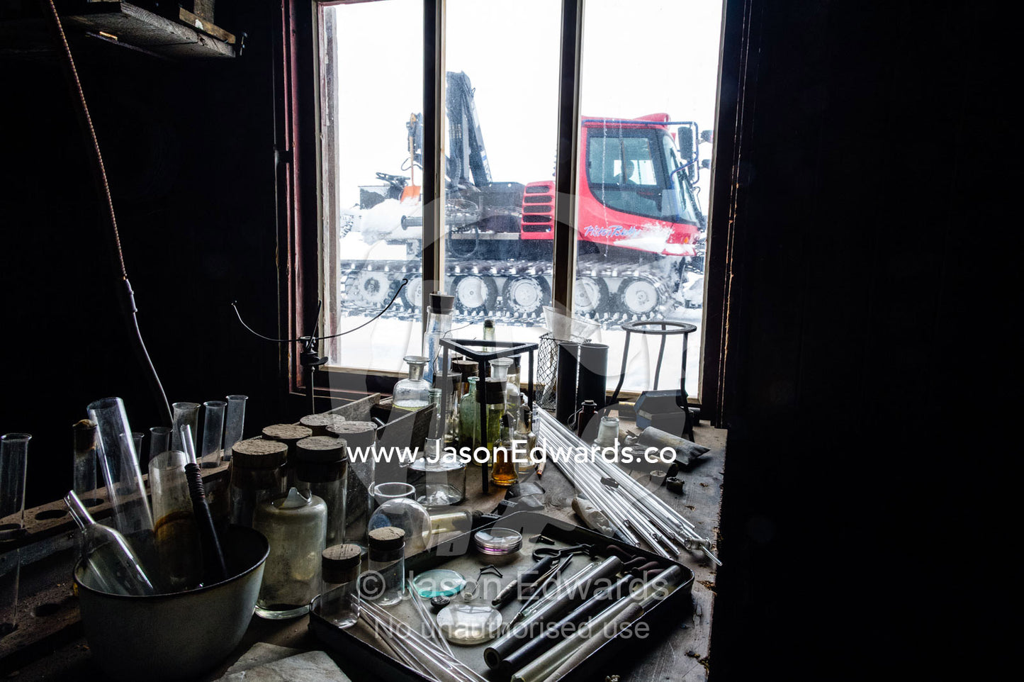 Glass pipettes, beakers and other scientific experiment equipment in Antarctic explorer Robert Falcon Scott's hut. Scott's Hut, Cape Evans, Ross Island, Antarctica.