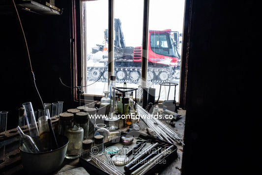 Glass pipettes, beakers and other scientific experiment equipment in Antarctic explorer Robert Falcon Scott's hut. Scott's Hut, Cape Evans, Ross Island, Antarctica.