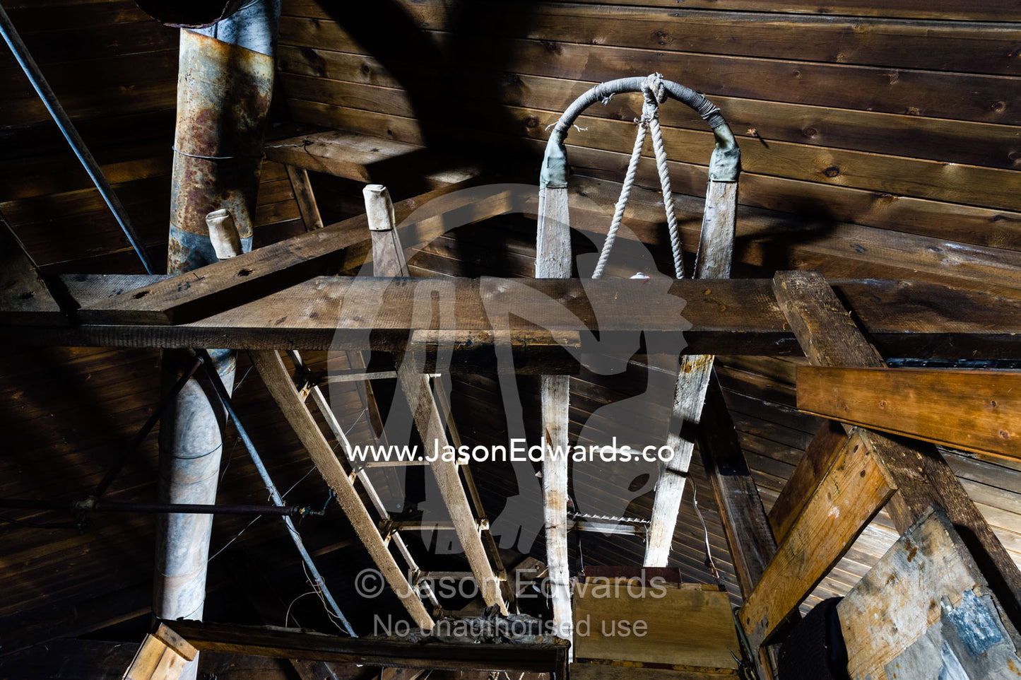 Timber sleds stored in the ceiling rafters of Antarctic explorer Robert Falcon Scott's hut. Scott's Hut, Cape Evans, Ross Island, Antarctica.