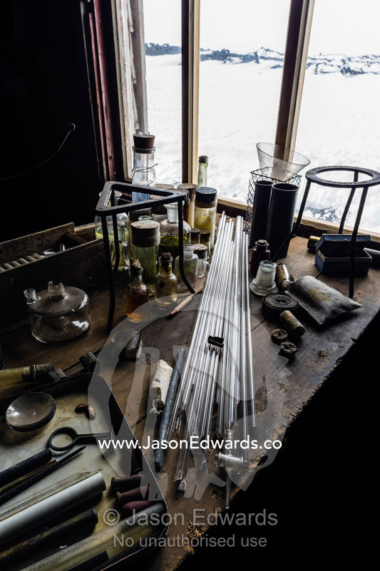 Glass pipettes, beakers and other scientific experiment equipment in the hut of Antarctic explorer Robert Falcon Scott. Scott's Hut, Cape Evans, Ross Island, Antarctica.