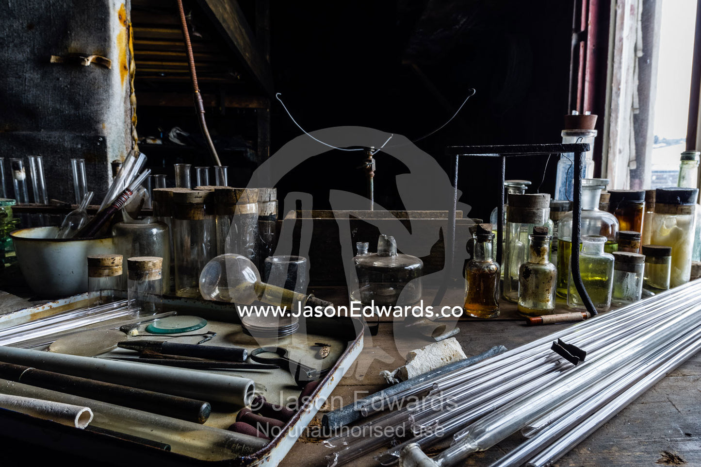 Glass pipettes, beakers and other scientific experiment equipment in the hut of Antarctic explorer Robert Falcon Scott. Scott's Hut, Cape Evans, Ross Island, Antarctica.