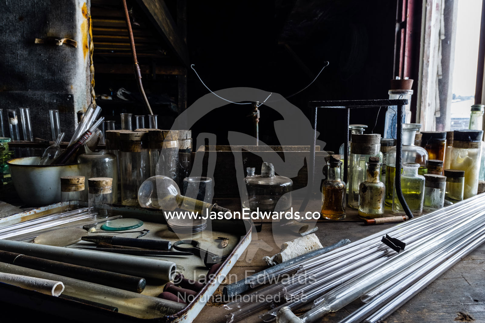 Glass pipettes, beakers and other scientific experiment equipment in the hut of Antarctic explorer Robert Falcon Scott. Scott's Hut, Cape Evans, Ross Island, Antarctica.