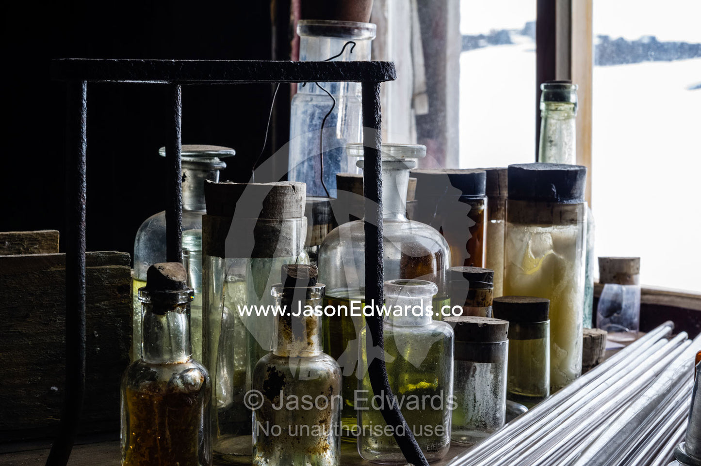 Glass pipettes, beakers and other scientific experiment equipment in the hut of Antarctic explorer Robert Falcon Scott. Scott's Hut, Cape Evans, Ross Island, Antarctica.